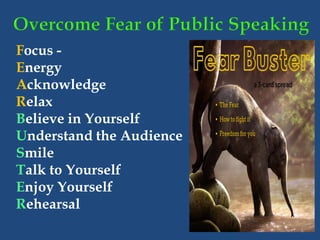 Focus -
Energy
Acknowledge
Relax
Believe in Yourself
Understand the Audience
Smile
Talk to Yourself
Enjoy Yourself
Rehearsal
 
