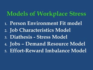 1. Person Environment Fit model
2. Job Characteristics Model
3. Diathesis - Stress Model
4. Jobs – Demand Resource Model
5. Effort-Reward Imbalance Model
 