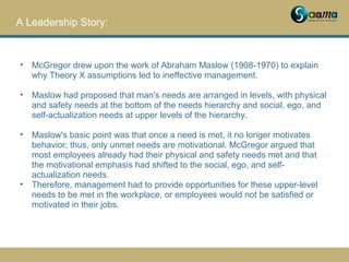 A Leadership Story:
• McGregor drew upon the work of Abraham Maslow (1908-1970) to explain
why Theory X assumptions led to...