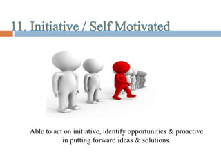 Able to act on initiative, identify opportunities & proactive
in putting forward ideas & solutions.
 