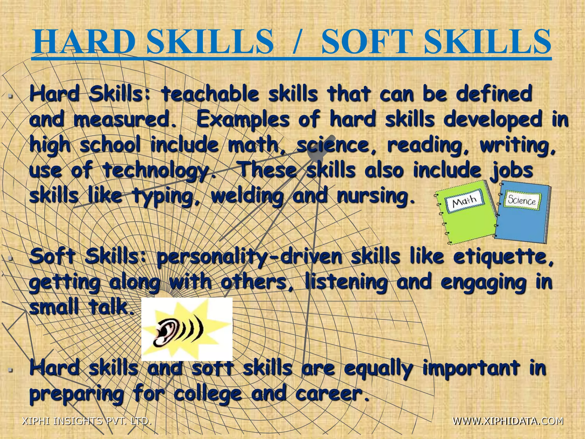 HARD SKILLS / SOFT SKILLS
 Hard Skills: teachable skills that can be defined
and measured. Examples of hard skills developed in
high school include math, science, reading, writing,
use of technology. These skills also include jobs
skills like typing, welding and nursing.
 Soft Skills: personality-driven skills like etiquette,
getting along with others, listening and engaging in
small talk.
 Hard skills and soft skills are equally important in
preparing for college and career.
XIPHI INSIGHTS PVT. LTD. WWW.XIPHIDATA.COM
 