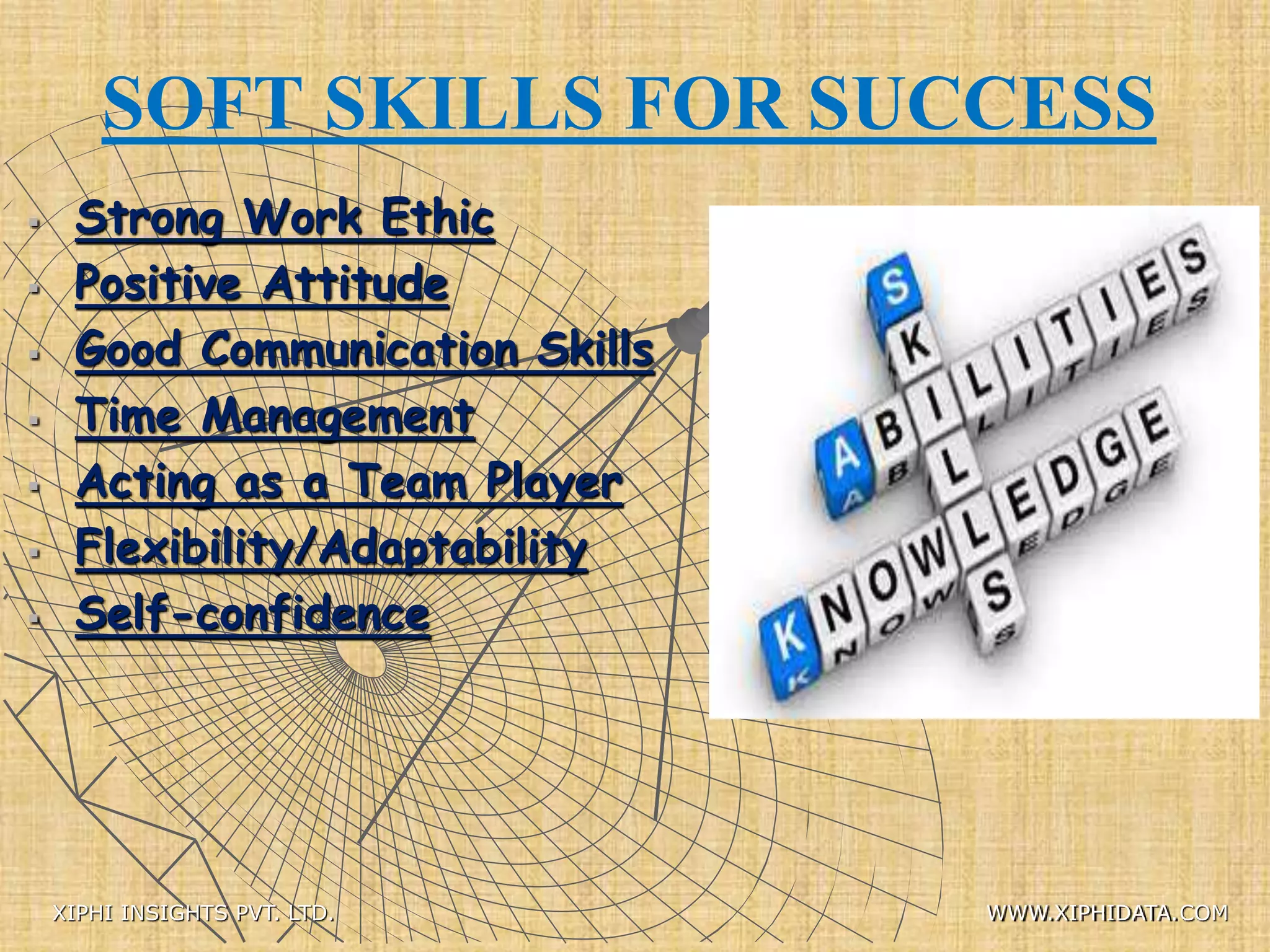 SOFT SKILLS FOR SUCCESS
 Strong Work Ethic
 Positive Attitude
 Good Communication Skills
 Time Management
 Acting as a Team Player
 Flexibility/Adaptability
 Self-confidence
XIPHI INSIGHTS PVT. LTD. WWW.XIPHIDATA.COM
 