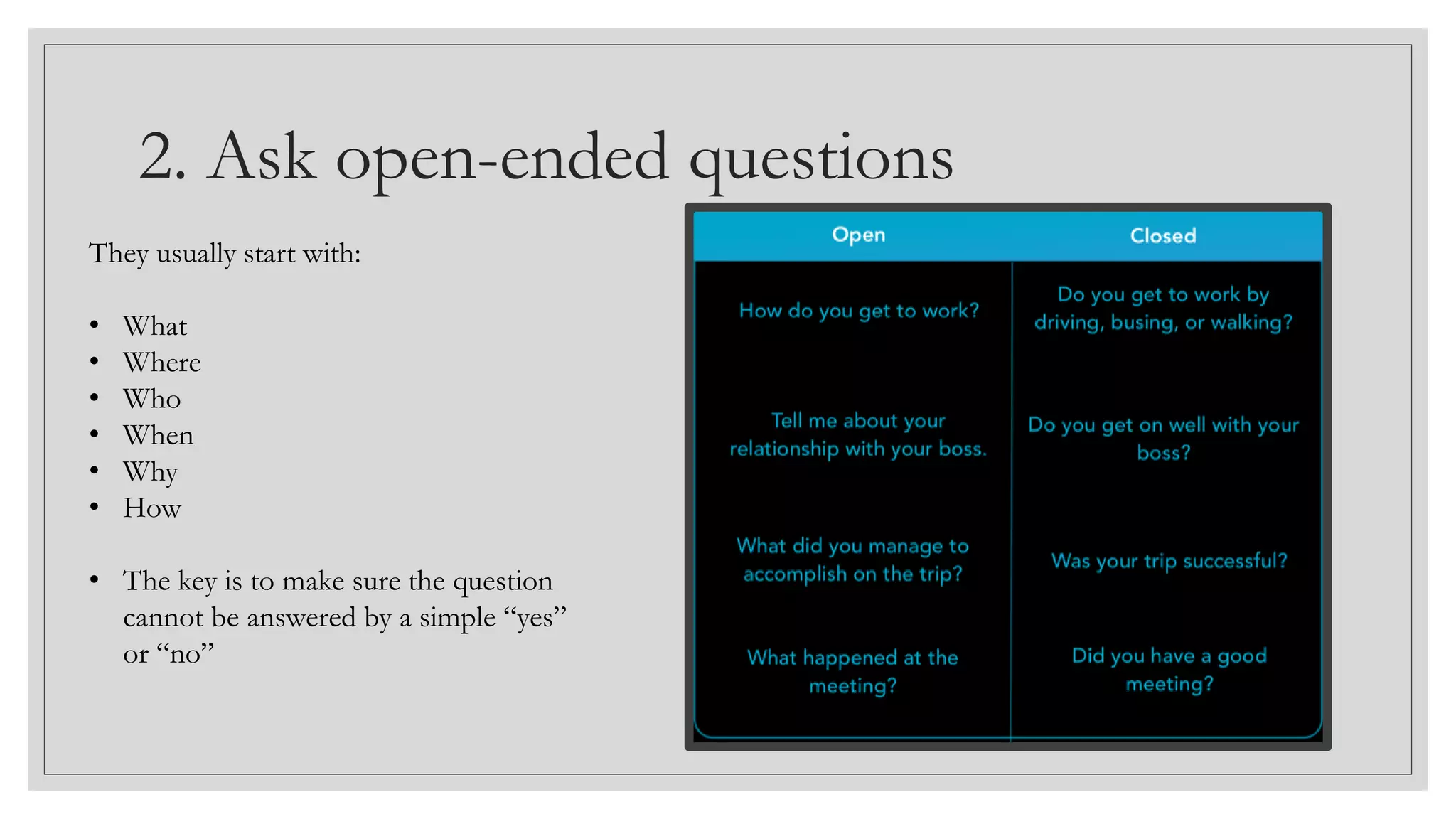 2. Ask open-ended questions
They usually start with:
• What
• Where
• Who
• When
• Why
• How
• The key is to make sure the question
cannot be answered by a simple “yes”
or “no”
 