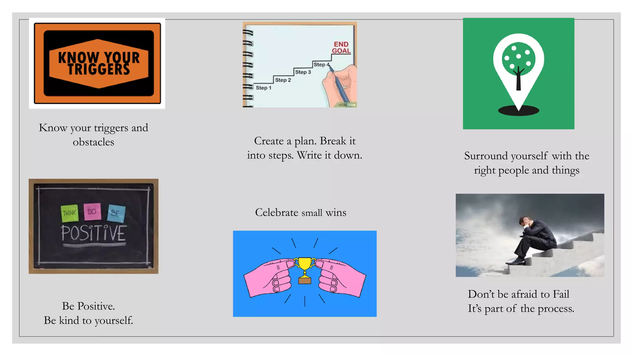 Know your triggers and
obstacles Create a plan. Break it
into steps. Write it down. Surround yourself with the
right people and things
Be Positive.
Be kind to yourself.
Celebrate small wins
Don’t be afraid to Fail
It’s part of the process.
 