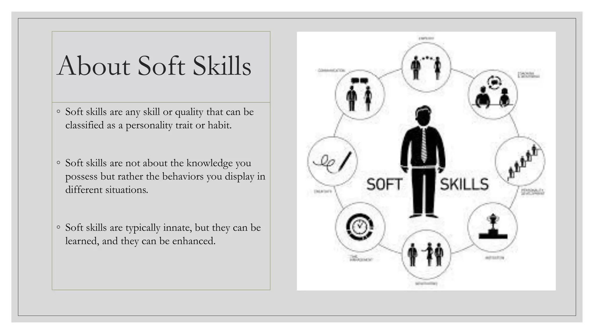 About Soft Skills
◦ Soft skills are any skill or quality that can be
classified as a personality trait or habit.
◦ Soft skills are not about the knowledge you
possess but rather the behaviors you display in
different situations.
◦ Soft skills are typically innate, but they can be
learned, and they can be enhanced.
 