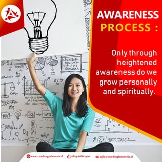 www.coachingindonesia.id 0815-1166-1900
Only through
heightened
awareness do we
grow personally
and spiritually.
adjie@coachingindonesia.id
AWARENESS
PROCESS :
 