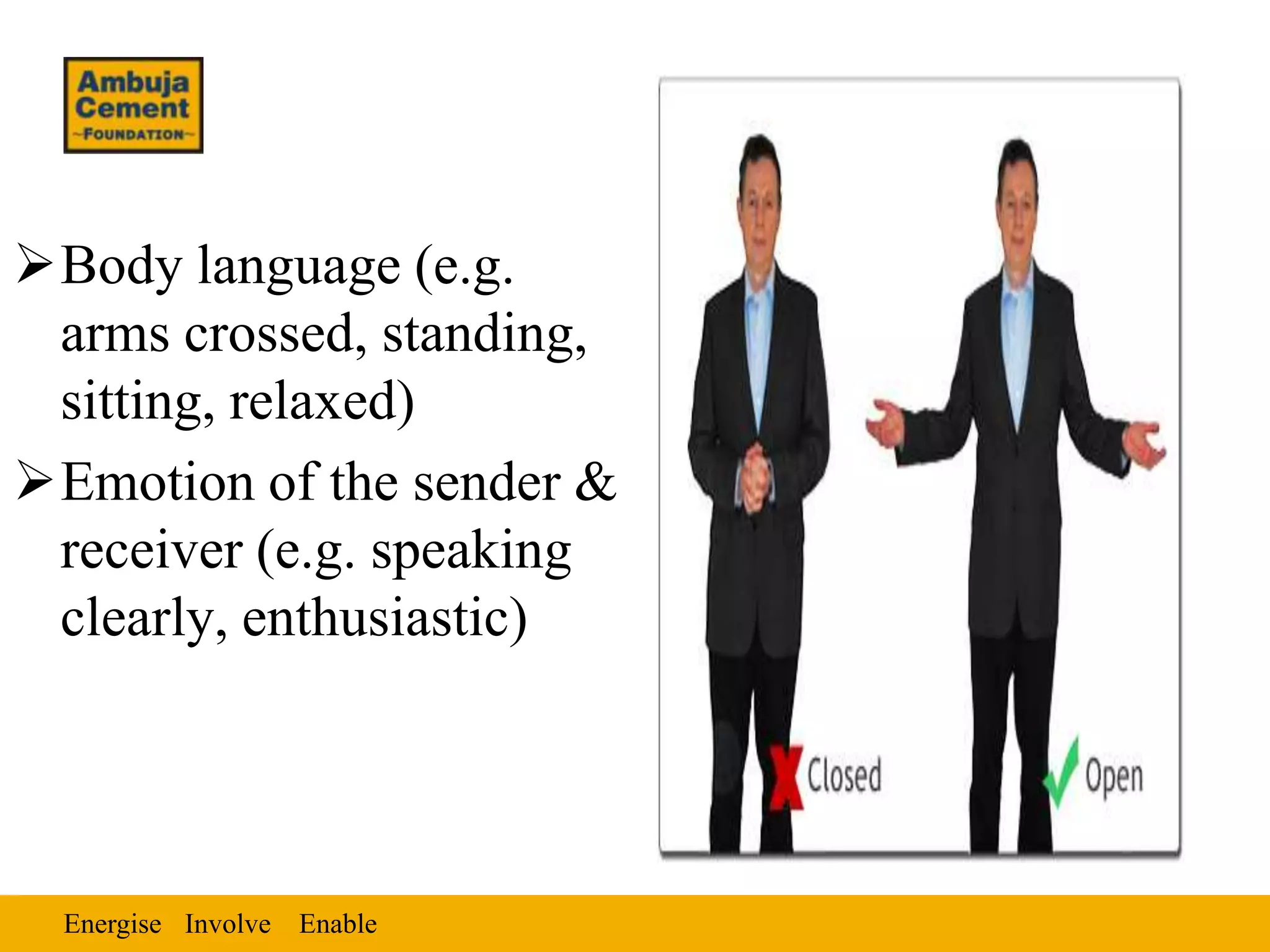 Body language (e.g.
 arms crossed, standing,
 sitting, relaxed)
Emotion of the sender &
 receiver (e.g. speaking
 clearly, enthusiastic)




  Energise Involve Enable
 