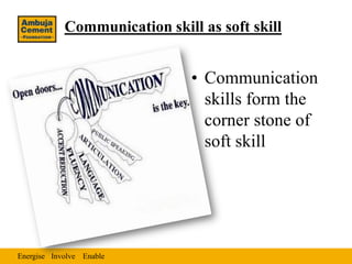 Communication skill as soft skill


                               • Communication
                                 skills form the
                                 corner stone of
                                 soft skill




Energise Involve Enable
 
