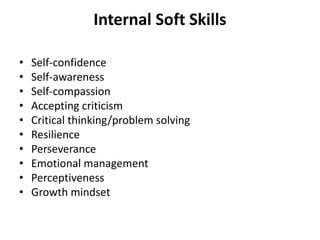 Internal Soft Skills
• Self-confidence
• Self-awareness
• Self-compassion
• Accepting criticism
• Critical thinking/problem solving
• Resilience
• Perseverance
• Emotional management
• Perceptiveness
• Growth mindset
 