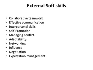 External Soft skills
• Collaborative teamwork
• Effective communication
• Interpersonal skills
• Self-Promotion
• Managing conflict
• Adaptability
• Networking
• Influence
• Negotiation
• Expectation management
 