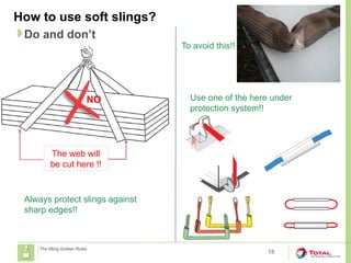 To avoid this!!
How to use soft slings?
15
Do and don’t
The lifting Golden Rules
The web will
be cut here !!
Always protect slings against
sharp edges!!
Use one of the here under
protection system!!
NO
 
