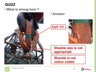 QUIZZ
21
What is wrong here ?
The lifting Golden Rules
Answer:
CUT !!!!
Shackle size is not
appropriate
Shackle is not
colour coded
 