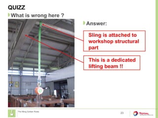 QUIZZ
23
What is wrong here ?
The lifting Golden Rules
Answer:
Sling is attached to
workshop structural
part
This is a dedicated
lifting beam !!
 
