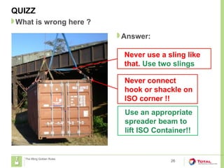 QUIZZ
26
What is wrong here ?
The lifting Golden Rules
Answer:
Never use a sling like
that. Use two slings
Never connect
hook or shackle on
ISO corner !!
Use an appropriate
spreader beam to
lift ISO Container!!
 
