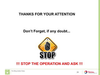 THANKS FOR YOUR ATTENTION
28
The lifting Golden Rules
Don’t Forget, if any doubt...
!!! STOP THE OPERATION AND ASK !!!
 