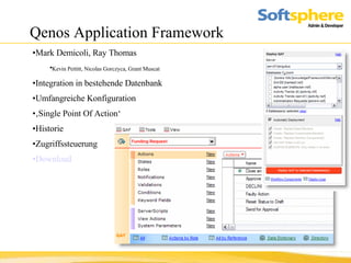 Qenos Application Framework Mark Demicoli, Ray Thomas Kevin Pettitt, Nicolas Gorczyca, Grant Muscat   Integration in bestehende Datenbank Umfangreiche Konfiguration ‚ Single Point Of Action‘ Historie Zugriffssteuerung Download 