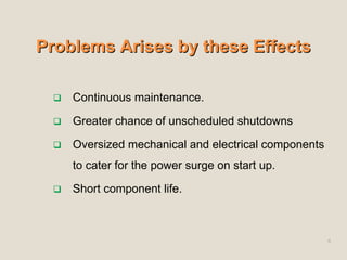 Problems Arises by these EffectsProblems Arises by these Effects
Continuous maintenance.
Greater chance of unscheduled shutdowns
Oversized mechanical and electrical components
to cater for the power surge on start up.
Short component life.
6
 
