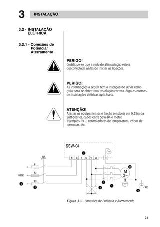 21 
3 INSTALAÇÃO 
PERIGO! 
Certifique-se que a rede de alimentação esteja 
desconectada antes de iniciar as ligações. 
PERIGO! 
As informações a seguir tem a intenção de servir como 
guia para se obter uma instalação correta. Siga as normas 
de instalações elétricas aplicáveis. 
ATENÇÃO! 
Afastar os equipamentos e fiação sensíveis em 0,25m da 
Soft-Starter, cabos entre SSW-04 e motor. 
Exemplos: PLC, controladores de temperatura, cabos de 
termopar, etc. 
3.2 - INSTALAÇÃO 
ELÉTRICA 
3.2.1 - Conexões de 
Potência/ 
Aterramento 
Figura 3.3 - Conexões de Potência e Aterramento 
 