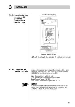 25 
3 INSTALAÇÃO 
3.2.3 - Conexões de 
sinal e controle 
As conexões de sinal (entradas/saídas digitais, saída à relé) 
são feitas nos seguintes conectores do cartão de controle 
CCS4.0X (ver posicionamento na fig. 2.3). 
X2: Sinais digitais, saídas à relé 
X1: Alimentação da eletrônica e do ventilador 
XC2: Conexão para HMI (LED) 
X3: Conexão para comunicação serial RS232 
NOTA! 
Nas chaves de 60A e 85A a corrente do ventilador passa 
também pelo conector X1, portanto a corrente total será: 
274,5mA para 110V; 140mA para 220V. 
3.2.2 - Localização das 
conexões de 
potência/ 
aterramento/ 
ventiladores 
FIG. 3.5 - Localização das conexões de potência/aterramento 
 