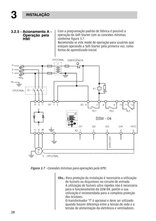 3 INSTALAÇÃO 
28 
Com a programação padrão de fábrica é possível a 
operação da Soft-Starter com as conexões mínimas 
conforme figura 3.7. 
Recomenda-se este modo de operação para usuários que 
estejam operando a Soft-Starter pela primeira vez, como 
forma de aprendizado inicial. 
3.2.5 - Acionamento A - 
Operação pela 
HMI 
Figura 3.7 - Conexões mínimas para operações pela HMI. 
Obs.: Para proteção da instalação é necessário a utilização 
de fusíveis ou disjuntores no circuito de entrada. 
A utilização de fusíveis ultra-rápidos não é necessária 
para o funcionamento da SSW-04, porém a sua 
utilização é recomendada para a completa proteção 
dos tiristores. 
O transformador "T" é opcional e deve ser utilizado 
quando houver diferença entre a tensão de rede e a 
tensão de alimentação da eletrônica e ventiladores. 
 