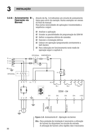 3 INSTALAÇÃO 
3.2.6 - Acionamento B - 
30 
Operação via 
Bornes 
Através da fig. 3.8 indicamos um circuito de acionamento 
típico para servir de exemplo. Outros exemplos ver anexos 
no final do manual. 
Para outras necessidades de aplicação é recomendado a 
sequência a seguir: 
; Analizar a aplicação 
; Estudar as possibilidades de programação da SSW-04 
; Definir o esquema elétrico de conexões 
; Executar a instalação elétrica 
; Colocar em operação (programando corretamente a 
Soft-Starter) 
; Para colocação em funcionamento neste modo de 
operação seguir o capítulo 4. 
Figura 3.8- Acionamento B - Operação via bornes 
Obs.: Para proteção da instalação é necessário a utilização 
de fusíveis ou disjuntores no circuito de entrada. 
A utilização de fusíveis ultra-rápidos não é necessária 
 