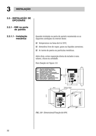 3 INSTALAÇÃO 
3.3 - INSTALAÇÃO DE 
32 
OPCIONAIS 
3.3.1 - HMI na porta 
de painéis 
3.3.1.1 - Instalação 
mecânica 
Quando instalada na porta de painéis recomenda-se as 
seguintes condições no interior deste: 
; Temperatura na faixa de 0 à 55ºC; 
; Atmosfera livre de vapor, gases ou líquidos corrosivos; 
; Ar isento de poeira ou partículas metálicas. 
Além disto, evitar exposição direta do teclado à raios 
solares, chuva ou umidade. 
Para fixação ver figura 3.9 
FIG. 3.9 - Dimensional/Fixação da HMI. 
26 
24 
132 
138 
E01 - Thyristor fault/phase failure 
Falha no tiristor / falta de fase 
E02 - Full speed not reached 
Rotação nominal não alcançada 
E03 - Overtemperature - Sobretemperatura 
E04 - Overload - Sobrecarga 
E05 - Undercurrent - Subcorrente 
E06 - Overcurrent - Sobrecorrente 
E07 - Phase rotation - Seqüência de fase 
E08 - External fault - Falha externa 
86.5 
132.5 
92 
Espessura máxima 
da chapa = 2mm 
26 
 