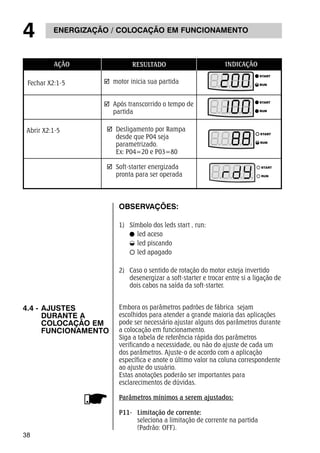 4 ENERGIZAÇÃO / COLOCAÇÃO EM FUNCIONAMENTO 
38 
AÇÃO RESULTADO INDICAÇÃO 
OBSERVAÇÕES: 
1) Símbolo dos leds start , run: 
led aceso 
led piscando 
led apagado 
2) Caso o sentido de rotação do motor esteja invertido 
desenergizar a soft-starter e trocar entre si a ligação de 
dois cabos na saída da soft-starter. 
4.4 - AJUSTES 
DURANTE A 
COLOCAÇÃO EM 
FUNCIONAMENTO 
Embora os parâmetros padrões de fábrica sejam 
escolhidos para atender a grande maioria das aplicações 
pode ser necessário ajustar alguns dos parâmetros durante 
a colocação em funcionamento. 
Siga a tabela de referência rápida dos parâmetros 
verificando a necessidade, ou não do ajuste de cada um 
dos parâmetros. Ajuste-o de acordo com a aplicação 
específica e anote o último valor na coluna correspondente 
ao ajuste do usuário. 
Estas anotações poderão ser importantes para 
esclarecimentos de dúvidas. 
Parâmetros mínimos a serem ajustados: 
P11- Limitação de corrente: 
seleciona a limitação de corrente na partida 
(Padrão: OFF). 
Fechar X2:1-5 
; motor inicia sua partida 
; Após transcorrido o tempo de 
partida 
Abrir X2:1-5 ; Desligamento por Rampa 
desde que P04 seja 
parametrizado. 
Ex: P04=20 e P03=80 
; Soft-starter energizada 
pronta para ser operada 
 