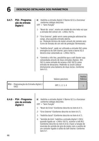 6 DESCRIÇÃO DETALHADA DOS PARÂMETROS 
6.4.7- P53 - Programa-ção 
68 
da entrada 
Digital 2 
Habilita a entrada digital 2 (borne X2:2) a funcionar 
conforme códigos descritos: 
OFF = "Sem Função" 
1 - "Reset de erros", reseta um estado de erro toda vez que 
a entrada DI2 estiver em +24Vcc (X2:5). 
2 - "Erro Externo", pode servir como proteção adicional da 
carga, atua quando entrada aberta. 
ex.: Proteção térmica do motor através de contato seco 
(Livre de tensão) de um relé de proteção (Termostato). 
3 - "Habilita Geral", pode ser utilizada a entrada DI2 como 
emergência da Soft-Starter, para tanto o borne X2:2 
deverá estar conectado ao +24Vcc (X2:5). 
4 - "Controle a três fios, possibilita que a soft-Starter seja 
comandada através de duas entradas digitais. DI1 
(X2:1) como entrada de aciona e DI2 (X2:2) como 
entrada de desaciona. Podendo-se assim colocar 
diretamente uma botoeira de duas teclas. Conforme 
item 9.3. 
P53 - Programação da Entrada digital 2 
(DI2) 
Valores possíveis 
OFF, 1, 2, 3, 4 
Padrão 
Fábrica 
1 
Habilita a entrada digital 3 (Borne X2:3) a funcionar 
conforme códigos descritos: 
OFF = "Sem Função" 
1 - "Reset de Erros" (Conforme descrito no item 6.4.7). 
2 - "Erro Externo" (Conforme descrito no Item 6.4.7). 
3 - "Habilita Geral" (Conforme descrito no Item 6.4.7). 
4 - "Sentido de Giro", habilita a entrada digital 3 (DI3) 
quando ligada ao +24Vcc (X2:5), acionar o relé RL1 
(conforme descrito no item 6.4.4) e fazer a função de 
reversão do sentido de giro do motor com o auxílio de 
um contator ligado à saída da Soft-Starter. Conforme 
item 9.7. 
6.4.8 - P54 - Programa-ção 
da entrada 
digital 3 
 