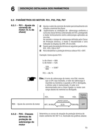 6.5 - PARÂMETROS DO MOTOR: P21, P25, P26, P27 
Ajusta o valor da corrente do motor percentualmente em 
relação a nominal da chave. 
Supervisiona as condições de sobrecarga conforme a 
curva da classe térmica selecionada em P25, protegendo 
o motor termicamente contra sobrecargas aplicadas ao 
seu eixo. 
Ao exceder o tempo de sobrecarga definido pela Classe 
de Proteção térmica, o motor é desabilitado e será 
indicado no display da HMI-3P erro E04. 
Fazem parte da proteção térmica os seguintes parâmetros: 
P21, P25, P26 e P27. 
Para desabilitar a proteção térmica colocar P21=OFF. 
Obs.: O erro de sobrecarga do motor, erro E04, mesmo 
que a CPU seja resetada, o valor de sobrecarga é 
mantido na memória e quando a CPU é desligada, 
o último valor é memorizado. O valor só é 
decrementado com a chave ligada e o motor com 
carga abaixo da nominal ou desligado. 
Padrão 
Fábrica 
73 
6 DESCRIÇÃO DETALHADA DOS PARÂMETROS 
Exemplo: Como ajustar P21: 
IN da chave = 60A 
IN do motor = 52A 
52A 
60A 
= 0,867 
P21 = 86,7% 
P21 - Ajuste da corrente do motor OFF 
6.5.2 - P25 - Classes 
térmicas da 
proteção de 
sobrecarga do 
motor 
min. Faixa máx. 
menor passo 
OFF, 30.0% 0,1% 200.0% 
Determina as curvas de atuação da proteção térmica do 
motor conforme IEC 947-4-2, mostrado nos gráficos abaixo: 
6.5.1 - P21 - Ajuste da 
corrente do 
motor (% IN da 
chave) 
 