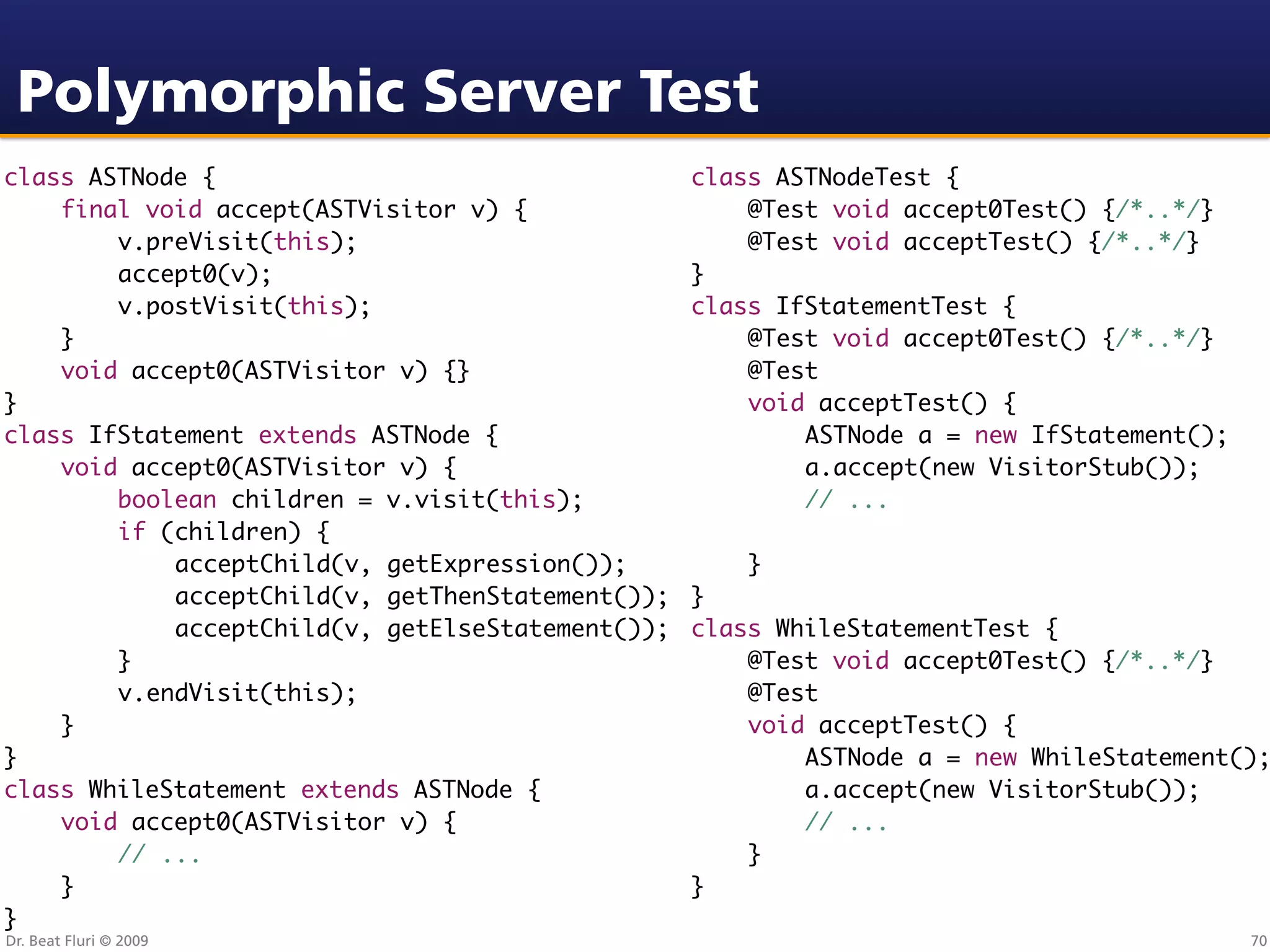 Polymorphic Server Test
class ASTNode {                                   class ASTNodeTest {
	   final void accept(ASTVisitor v) {             	   @Test void accept0Test() {/*..*/}
	   	   v.preVisit(this);                         	   @Test void acceptTest() {/*..*/}
	   	   accept0(v);                               }
	   	   v.postVisit(this);                        class IfStatementTest {
	   }                                             	   @Test void accept0Test() {/*..*/}
	   void accept0(ASTVisitor v) {}                 	   @Test
}                                                 	   void acceptTest() {
class IfStatement extends ASTNode {               	   	   ASTNode a = new IfStatement();
	   void accept0(ASTVisitor v) {                  	   	   a.accept(new VisitorStub());
	   	   boolean children = v.visit(this);         	   	   // ...
	   	   if (children) {
	   	   	   acceptChild(v, getExpression());      	   }
	   	   	   acceptChild(v, getThenStatement());   }
	   	   	   acceptChild(v, getElseStatement());   class WhileStatementTest {
	   	   }                                         	   @Test void accept0Test() {/*..*/}
	   	   v.endVisit(this);                         	   @Test
	   }                                             	   void acceptTest() {
}                                                 	   	   ASTNode a = new WhileStatement();
class WhileStatement extends ASTNode {            	   	   a.accept(new VisitorStub());
	   void accept0(ASTVisitor v) {                  	   	   // ...
	   	   // ...                                    	   }
	   }                                             }
}
Dr. Beat Fluri © 2009                                                                      70
 