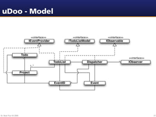 uDoo - Model


                                  <<interface>>                   <<interface>>            <<interface>>
                                IEventProvider               ITodoListModel               IObservable



                         Todo
                          *                                                                                <<interface>>
                                                  TodoList                   Dispatcher             *      IObserver
                                  1..*


                        Project


                                                  EventID     *                   Event




Dr. Beat Fluri © 2009                                                                                                      27
 