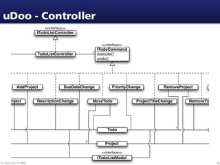 uDoo - Controller
                             <<interface>>
                         ITodoListController

                                                          <<interface>>
                                                       ITodoCommand
                         TodoListController          * execute()
                                                       undo()




              AddProject                DueDateChange           PriorityChange          RemoveProject        Tod


doToProject              DescriptionChange           MoveTodo              ProjectTitleChange       RemoveTodo




                                                                                                *
                                                             Todo

                                                 2
                                                            Project

                                                          <<interface>>
                                                        ITodoListModel
 Dr. Beat Fluri © 2009                                                                                           28
 