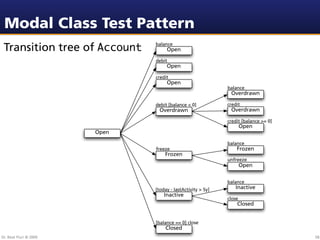 Modal Class Test Pattern
 Transition tree of Account    balance
                                    Open

                               debit
                                    Open

                               credit
                                    Open
                                                             balance
                                                              Overdrawn

                               debit [balance < 0]           credit
                                 Overdrawn                    Overdrawn

                                                             credit [balance >= 0]
                                                                     Open
                        Open

                                                             balance
                               freeze                            Frozen
                                   Frozen
                                                             unfreeze
                                                                     Open


                                                             balance
                               [today - lastActivity > 5y]       Inactive
                                   Inactive
                                                             close
                                                                 Closed


                               [balance == 0] close
                                    Closed
Dr. Beat Fluri © 2009                                                                58
 