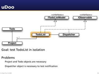 uDoo
                                                    <<interface>>            <<interface>>
                                                 ITodoListModel             IObservable



                Todo
                   *
                                     TodoList                  Dispatcher
                        1..*


              Project

 Goal: test TodoList in isolation

 Problems
        Project and Todo objects are necessary
        Dispatcher object is necessary to test notiﬁcation

Dr. Beat Fluri © 2009                                                                        82
 