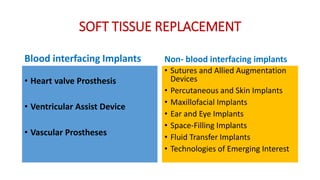 SOFT TISSUE REPLACEMENT
Blood interfacing Implants
• Heart valve Prosthesis
• Ventricular Assist Device
• Vascular Prostheses
Non- blood interfacing implants
• Sutures and Allied Augmentation
Devices
• Percutaneous and Skin Implants
• Maxillofacial Implants
• Ear and Eye Implants
• Space-Filling Implants
• Fluid Transfer Implants
• Technologies of Emerging Interest
 