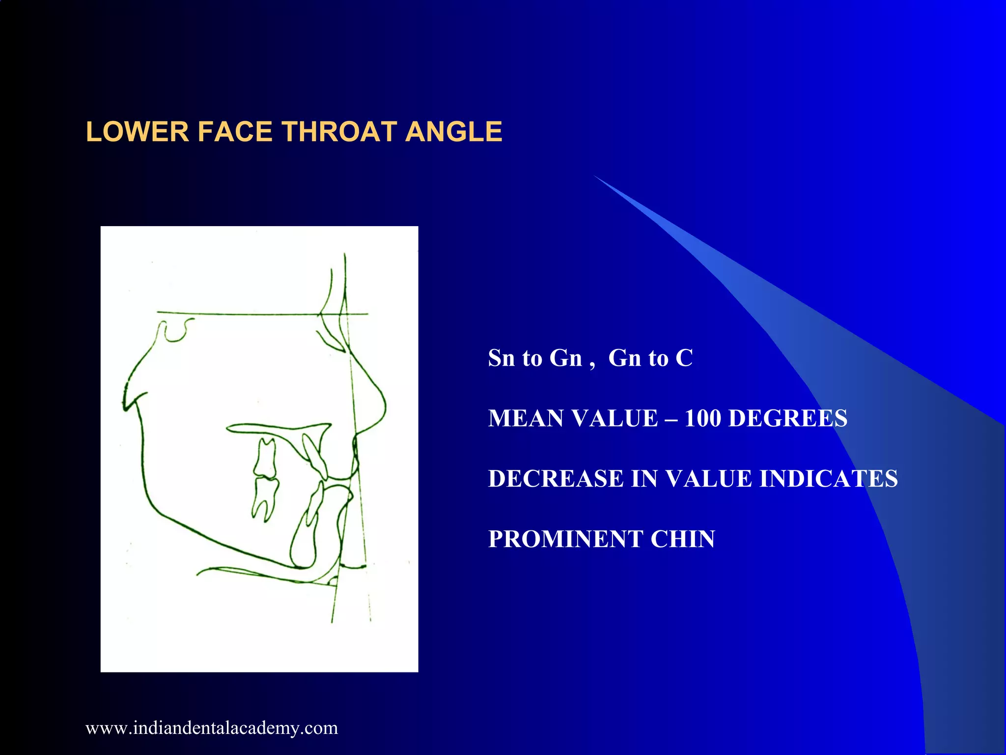 LOWER FACE THROAT ANGLE
Sn to Gn , Gn to C
MEAN VALUE – 100 DEGREES
DECREASE IN VALUE INDICATES
PROMINENT CHIN
www.indiandentalacademy.com
 