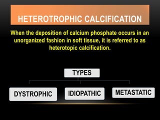 HETEROTROPHIC CALCIFICATION
When the deposition of calcium phosphate occurs in an
unorganized fashion in soft tissue, it is referred to as
heterotopic calcification.
TYPES
DYSTROPHIC IDIOPATHIC METASTATIC
 