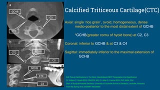 Calcified Triticeous Cartilage(CTC)
Axial: single ‘rice grain’, ovoid, homogeneous, dense
medio-posterior to the most distal extent of GCHB
*GCHB(greater cornu of hyoid bone) at C2, C3
Coronal: inferior to GCHB & at C3 & C4
Sagittal: immediately inferior to the maximal extension of
GCHB
Soft Tissue Calcifications In The Neck: Maxillofacial CBCT Presentation And Significance
Dr. William C. Scarfe BDS, FRACDS, MS, Dr. Allan G. Farman BDS, PhD, MBA, DSc
Dept. of Surgical/Hospital Dentistry, University of Louisville School of Dentistry, Louisville, Kentucky
From the Spring 2010 AADMRT Newsletter
 