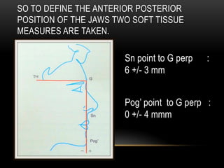 SO TO DEFINE THE ANTERIOR POSTERIOR
POSITION OF THE JAWS TWO SOFT TISSUE
MEASURES ARE TAKEN.

Sn point to G perp
6 +/- 3 mm

:

Pog’ point to G perp :
0 +/- 4 mmm

 