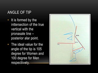 ANGLE OF TIP
• It is formed by the
inttersection of the true
vertical with the
pronasale line –
posterior alar point.
• The ideal value for the
angle of the tip is 105
degree for Women and
100 degree for Men
respectiively.

 