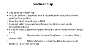 Forehead flap
• Also called as temporl flap
• In 800BC sushruta, described a nasal reconstruction approach based on
pedicled forehead flap
• Later described by McGregor in 1963
• Its an axil pattern myocutaneous flap provide large area of skin &
subcutaneous tissue
• Based on the site 1) median forehead flap (based on supratrochlear + dorsal
nasal)
• 2)paramedian forehead flap ( based on supratrochlear +
supraorbital)
• 3) laterally based forehead flap (based on superfacial
temporal + posterior auricular)
 