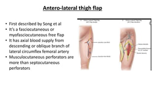 Antero-lateral thigh flap
• First described by Song et al
• It’s a fasciocutaneous or
myofasciocutaneous free flap
• It has axial blood supply from
descending or oblique branch of
lateral circumflex femoral artery
• Musculocutaneous perforators are
more than septocutaneous
perforators
 