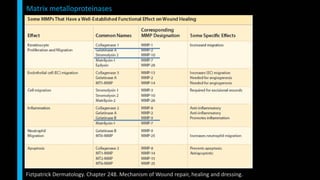 Matrix metalloproteinases
Fiztpatrick Dermatology. Chapter 248. Mechanism of Wound repair, healing and dressing.
 