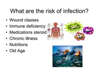 • Wound classes
• Immune deficiency
• Medications steroids
• Chronic illness
• Nutritions
• Old Age
What are the risk of infection?
 
