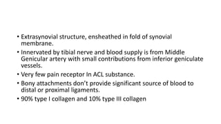 • Extrasynovial structure, ensheathed in fold of synovial
membrane.
• Innervated by tibial nerve and blood supply is from Middle
Genicular artery with small contributions from inferior geniculate
vessels.
• Very few pain receptor In ACL substance.
• Bony attachments don’t provide significant source of blood to
distal or proximal ligaments.
• 90% type I collagen and 10% type III collagen
 