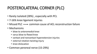 POSTEROLATERAL CORNER (PLC)
• Rarely Isolated (28%) , especially with PCL
• 7-16% knee ligament injuries
• Missed PLC common cause of ACL reconstruction failure
• Mechanisms
• blow to anteromedial knee
• varus blow to flexed knee
• contact and noncontact hyperextension injuries
• external rotation twisting injury
• knee dislocation
• Common peroneal nerve (15-29%)
 