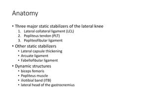 Anatomy
• Three major static stabilizers of the lateral knee
1. Lateral collateral ligament (LCL)
2. Popliteus tendon (PLT)
3. Popliteofibular ligament
• Other static stabilizers
• Lateral capsule thickening
• Arcuate ligament
• Fabellofibular ligament
• Dynamic structures
• biceps femoris
• Popliteus muscle
• iliotibial band (ITB)
• lateral head of the gastrocnemius
 
