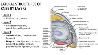 LATERAL STRUCTURES OF
KNEE BY LAYERS
• Layer 1
• Iliotibial tract, biceps
• Layer 2
• Patellar retinaculum,
patellofemoral ligament
• Layer 3
• Superficial: LCL, fabellofibular
ligament
• Deep: arcuate ligament, coronary
ligament, popliteus tendon,
popliteofibular ligament, capsule
 