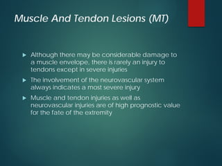 Muscle And Tendon Lesions (MT)
 Although there may be considerable damage to
a muscle envelope, there is rarely an injury to
tendons except in severe injuries
 The involvement of the neurovascular system
always indicates a most severe injury
 Muscle and tendon injuries as well as
neurovascular injuries are of high prognostic value
for the fate of the extremity
 