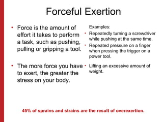 Forceful Exertion
• Force is the amount of
effort it takes to perform
a task, such as pushing,
pulling or gripping a tool.
• The more force you have
to exert, the greater the
stress on your body.
Examples:
• Repeatedly turning a screwdriver
while pushing at the same time.
• Repeated pressure on a finger
when pressing the trigger on a
power tool.
• Lifting an excessive amount of
weight.
45% of sprains and strains are the result of overexertion.
 